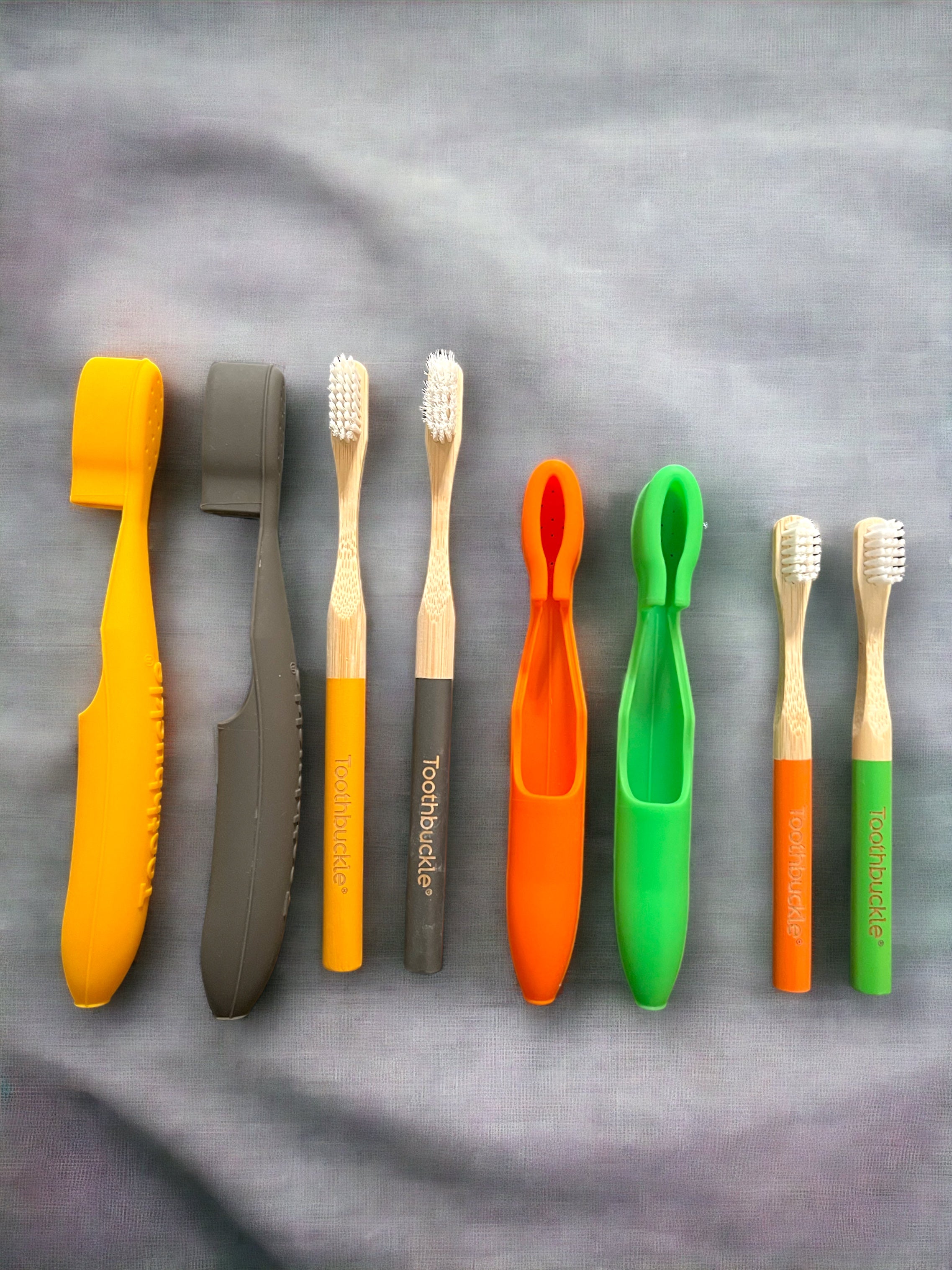 Two Adult Iconic Yellow & Grey |Two Kids + Green Nature Navigator & Orange Citrus Burst | Bamboo Toothbrush + Cover Sets