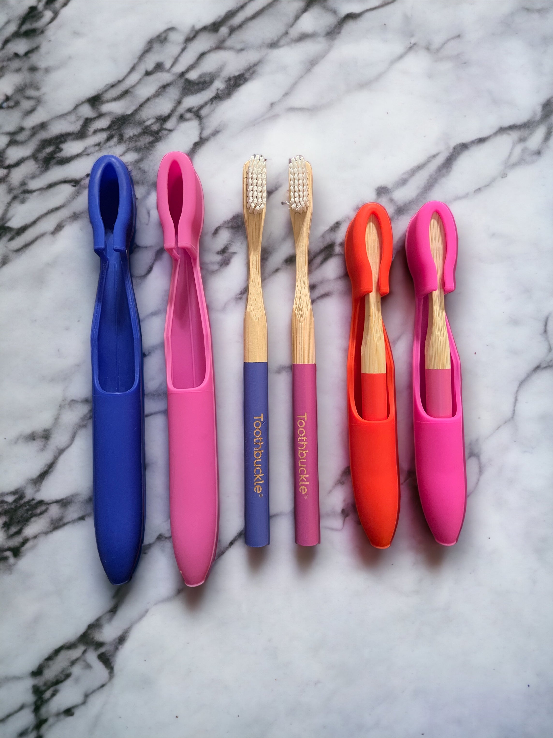 Two Adult Santorini Blue & Pink | + Two Kids Pink Funshine & Red Superpower Hero | Bamboo Toothbrushes + Cover Sets